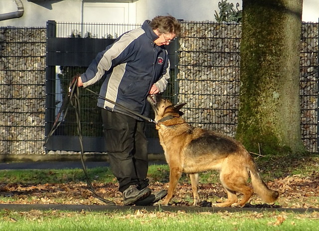 Frau beruhigt bellenden Hund