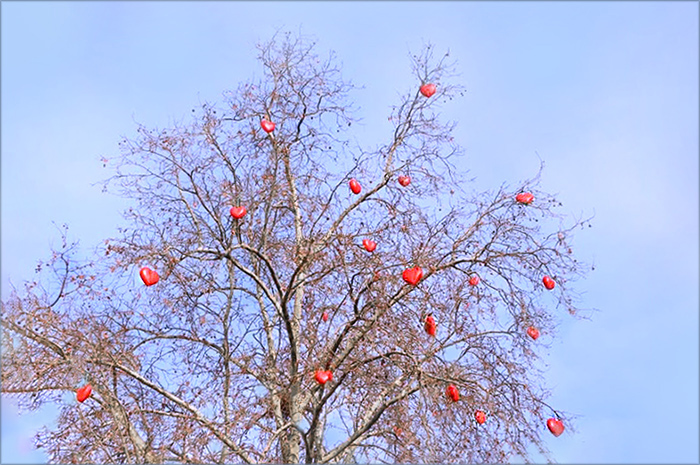 Baum mit Herzen geschmückt