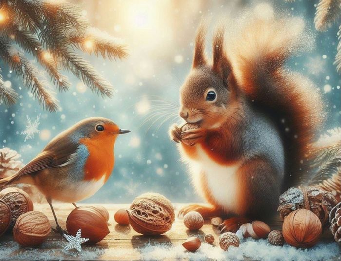 Eichhörnchen und Rotkehlchen