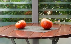 Zwei Kürbisse auf einem Gartentisch